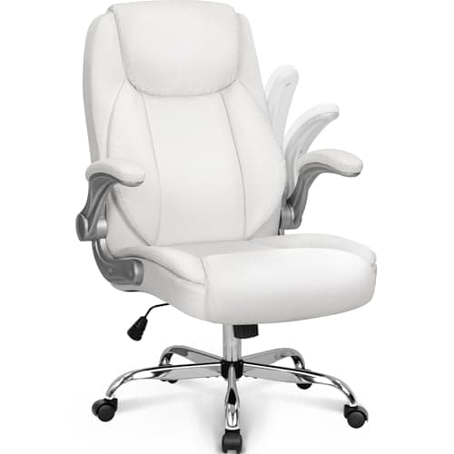 NEO CHAIR Ergonomic Office Chair PU Leather Executive High Back Computer Desk Chair Adjustable Height Flip-up Armrests Lumbar Support Swivel Rolling Wheels Comfy for Home Gaming (White)