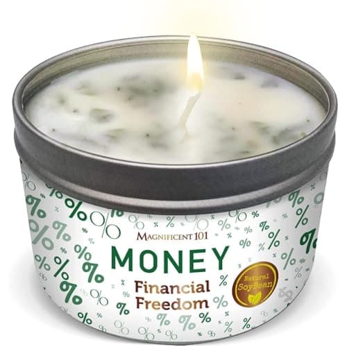 Magnificent 101 Long Lasting Money Financial Freedom Aromatherapy Tin Candle | 6 Oz - 35 Hour Burn | Clove, Cinnamon, Citronella Scented, Made of Soy Wax for Purification and Chakra Healing