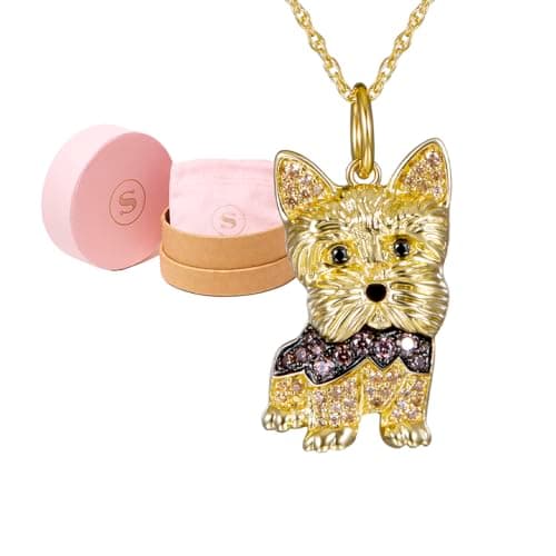 SCAMPER & CO Yorkshire Pendant Necklace for Women - Genuine Gemstone and Cubic Zirconia Puppy Charm with Elegant Backplate, Premium Plated Sterling Silver Chain Easy Closure,18 inch