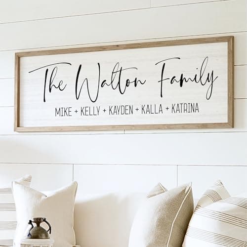 Personalized Framed Wooden Family Name Sign (6" x 18", Weathered Grey Frame, White Background)
