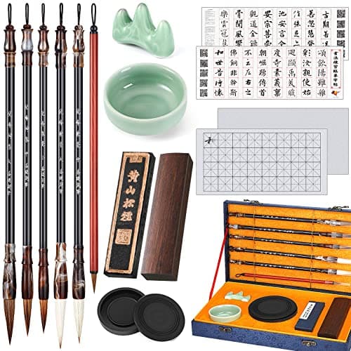 Sabary 14 Pieces Chinese Calligraphy Brushes Gift Set Painting Writing Brushes Watercolor Tools Set Sumi Painting Kanji Art Gift with Calligraphy Copy Card and Water Writing Cloth for Beginners