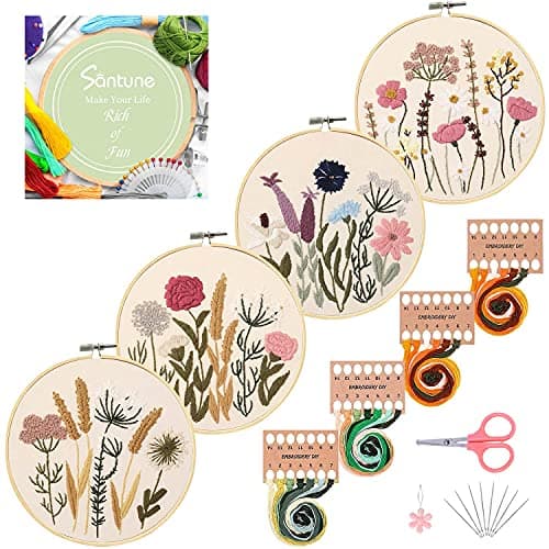 Santune 4 Sets Embroidery Kit,Cross Stitch Kits for Beginners,Needlepoint Set for Adults with Easy Stamped Floral Pattern Fabric Hand Crafts,2 Hoops,Needle,Women DIY Hanging Plants,Sewing Hobby