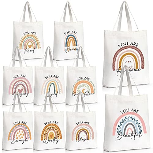 Sieral 10 Pcs Thank You Gifts, Canvas Tote Bags with Zipper, Inspirational & Motivational Quotes, for Employees, Nurses(Rainbow)
