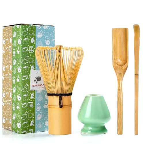 TEANAGOO Matcha Whisk Set, Bamboo Matcha Whisk (Chasen), 4 Pcs Traditional Starter Matcha Set, Scoop (Chashaku) Tea Spoon Whisk Holder, Matcha Accessory, Bamboo Whisk For Matcha Tea (100prongs)