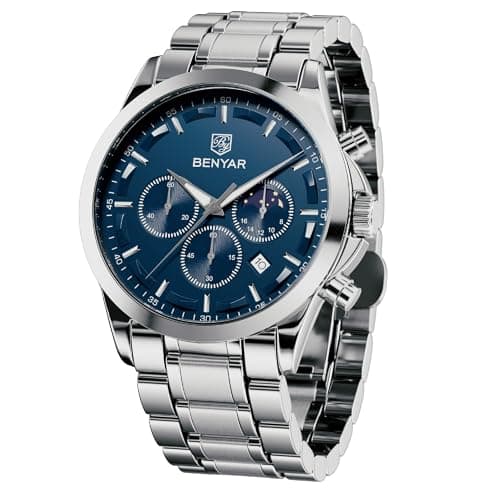 BENYAR Mens Watches Quartz Movement Analog Chronograph Stylish Casual Wristwatch with Stainless Steel Bracelets Waterproof Luminous Date Watches Elegant Gift for Men