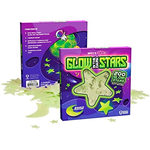 Glow in The Dark Stars for Ceiling 200PK Easter Basket Stuffers for Kids - Star Brite High Plastic Glow Stars with Moon & Putty Ages 4,5,6,7,8,9,10,11,12 for Bedroom Space Night Light Room Non-Toxic