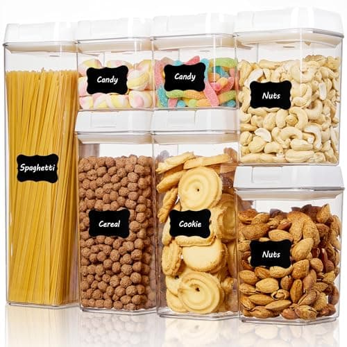 Vtopmart Airtight Food Storage Containers, 7 Pieces BPA Free Plastic Cereal Organizer Canisters with Easy Lock Lids, for Kitchen Pantry Organization, 24 Labels, White